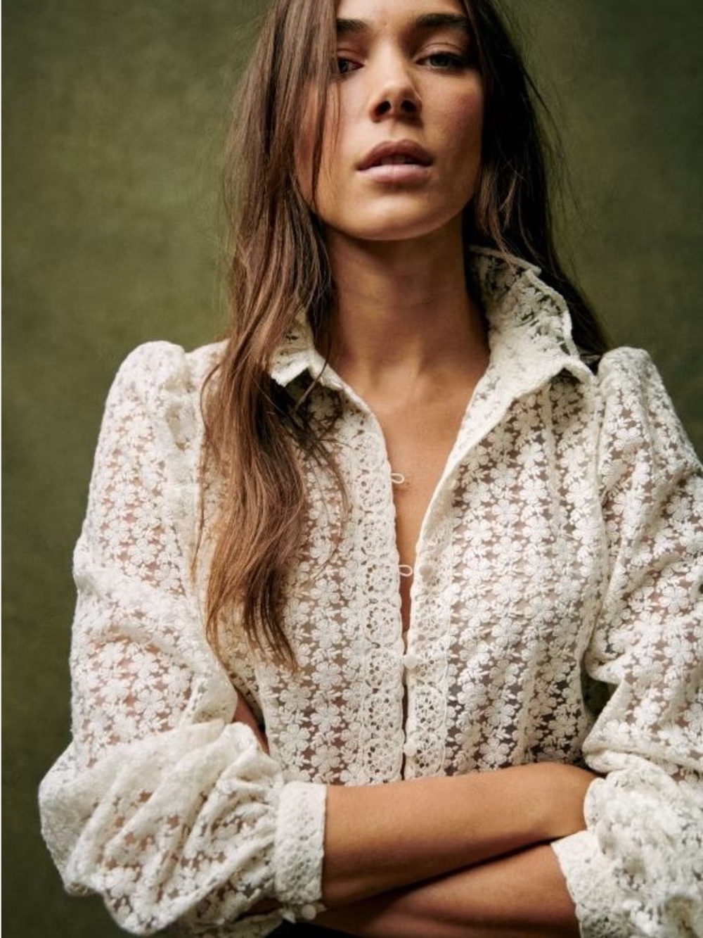 Sezane Cynthia Ivory Floral Lace Button-Up Blouse 10 42